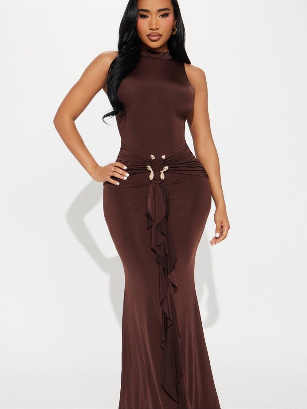 Fashion Nova Chocolate Brown Ruched Maxi Dress